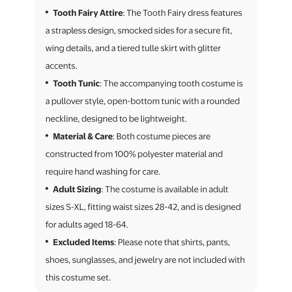 Celebrate Tooth Fairy and Tooth Adult Costume Set‎ Fits XS XL Halloween cosplay